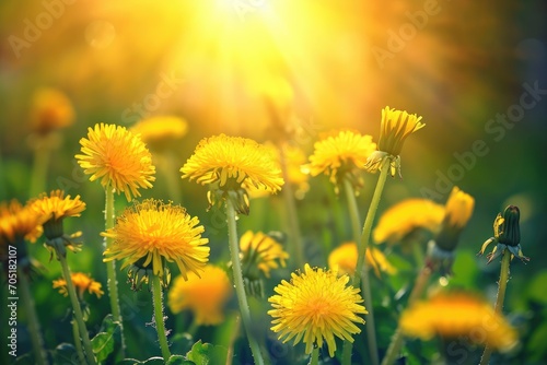 Beautiful flowers of yellow dandelions in nature in spring.