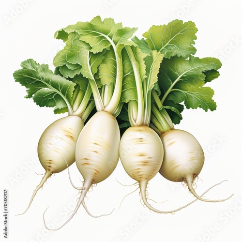 A digital painting of a bunch of white turnips with green leaves. photo