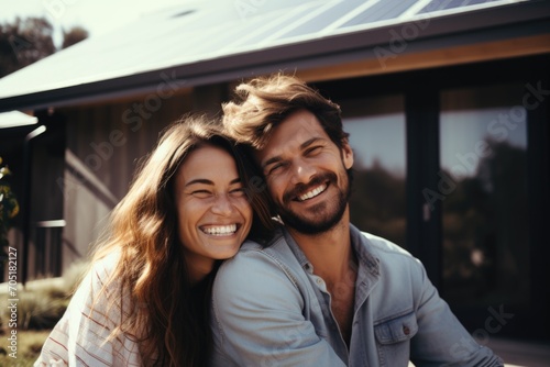 Portrait of a happy young couple in the backyard of their home