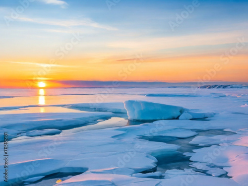 A frozen ocean with icebergs and sun ai image 