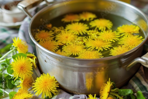 Dandelion flowers picked in spring macerating in water in a pot. Preparation of herbal syrup