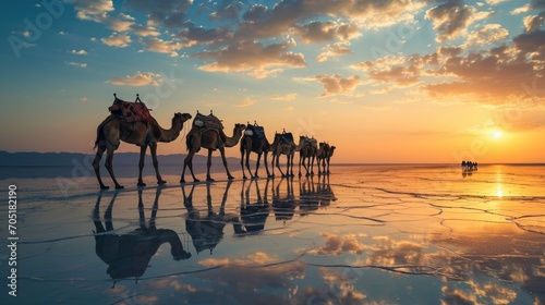 Fotografia Caravan of camels on the salt lake at sunrise.
