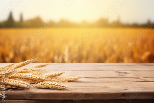 Empty wooden table in front of golden ears of wheat background