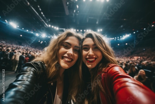 Two smiling young women taking selfie at concert