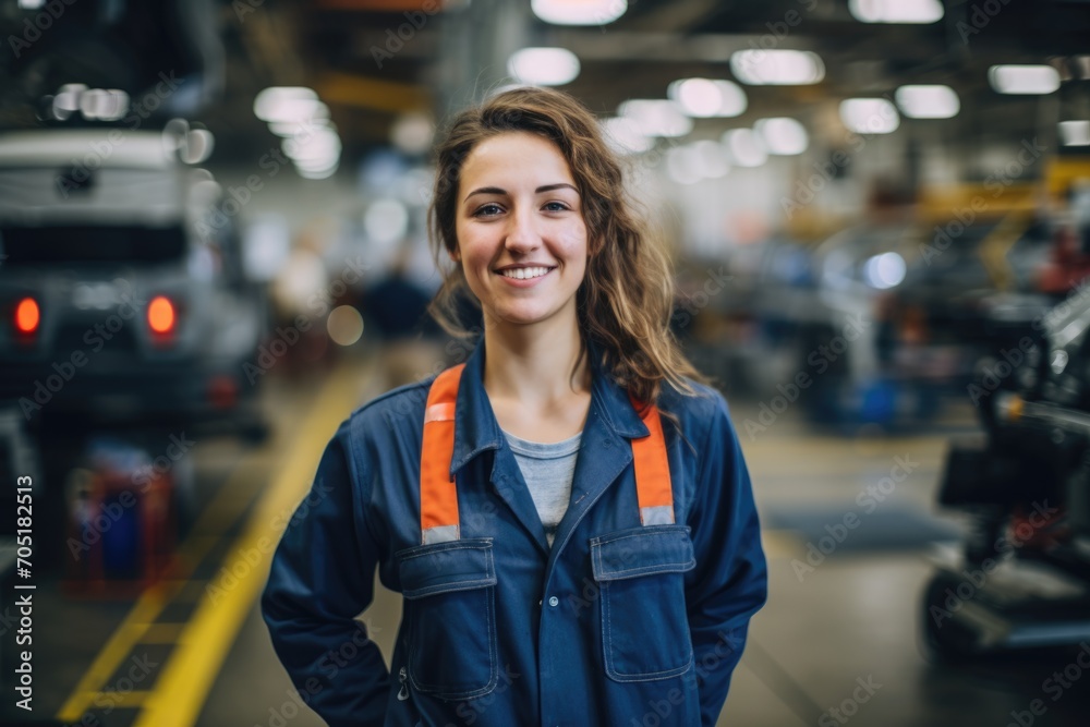 Portrait of a smiling young woman working in automotive factory - obrazy, fototapety, plakaty 