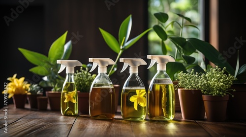 Three spray bottles with yellow flowers on a wooden table