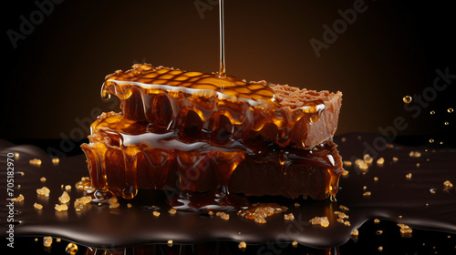Dripping honey on chocolate bar black background