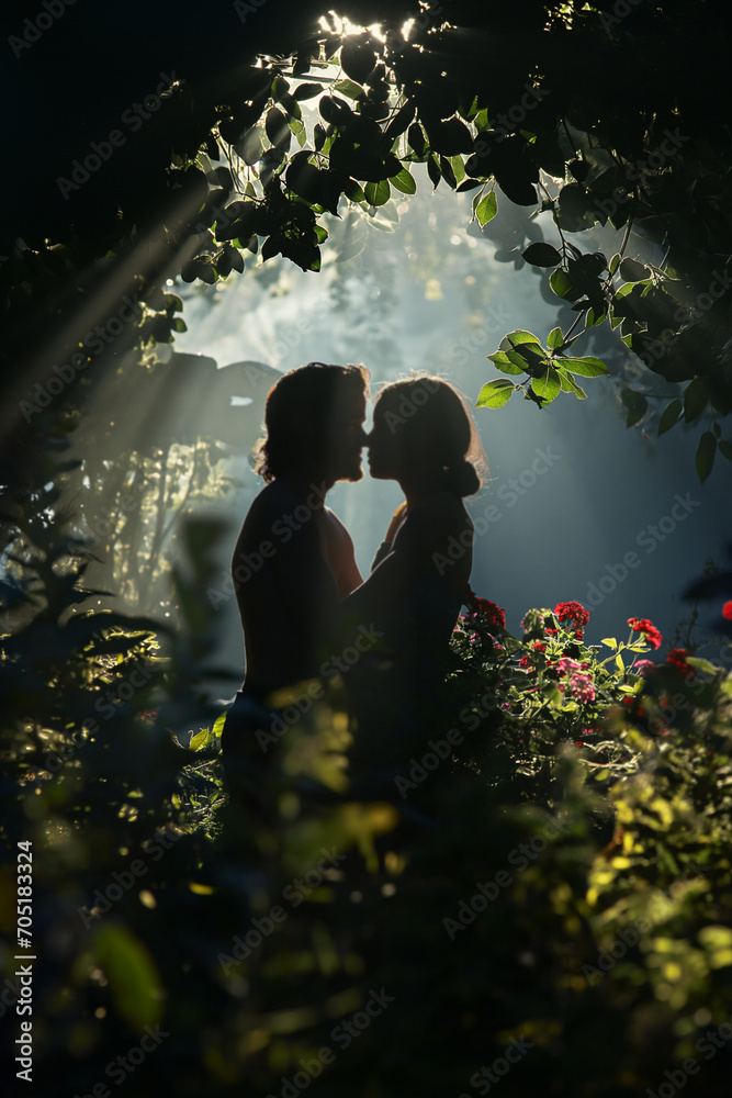 Adam and eve in the garden of eden. Garden of Eden, Genesis, Adam and Eve, Paradise, Creation. Theological concept, Creation story - obrazy, fototapety, plakaty 