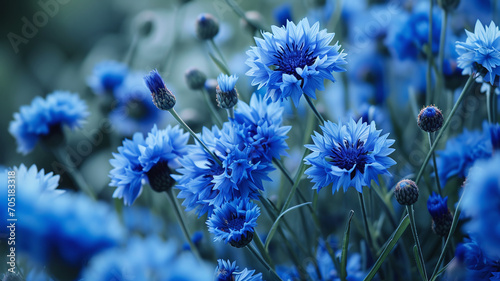 Blue cornflowers flowers in a flower field