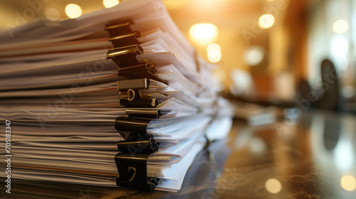 Close-up of a large stack of paperwork with binder clips on a wood desk photo