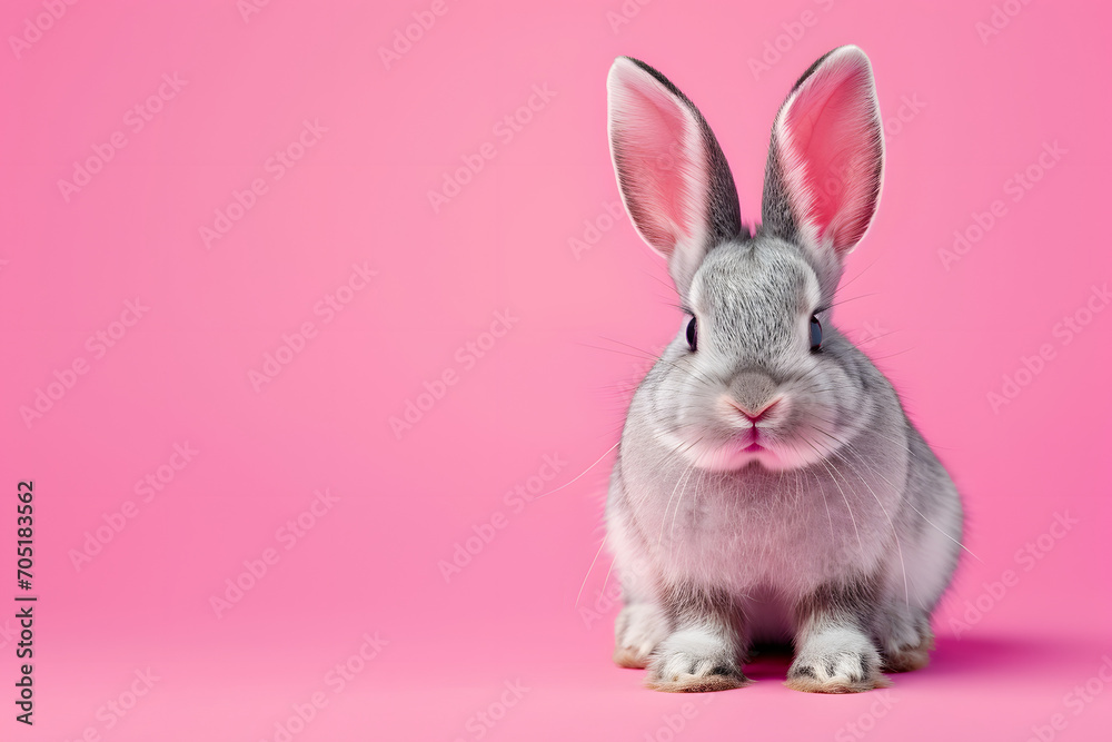 Obraz premium Grey bunny rabbit on pink background.