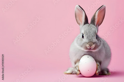 Easter bunny rabbit with easter egg on pink background. © Pacharee