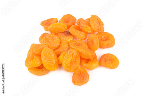 Golden appetizing dried apricots isolated on white.