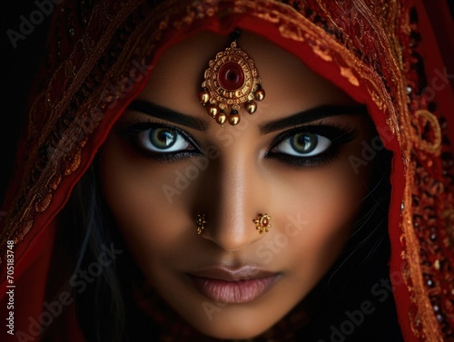 Stunning Indian bride face, adorned red saree