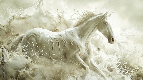 
Milk splashes onto a milky white poster of a full-length horse with lots of detail. Nice background. photo