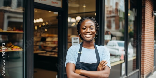 Portrait of a smiling African female small business owner standing in front of her bakery photo