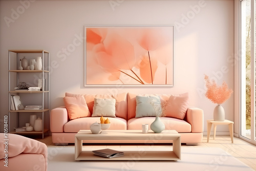 Modern living room interior of the room in peach fuzz colors. The design of a spacious bright house in a velvety delicate shade of peach tone. photo