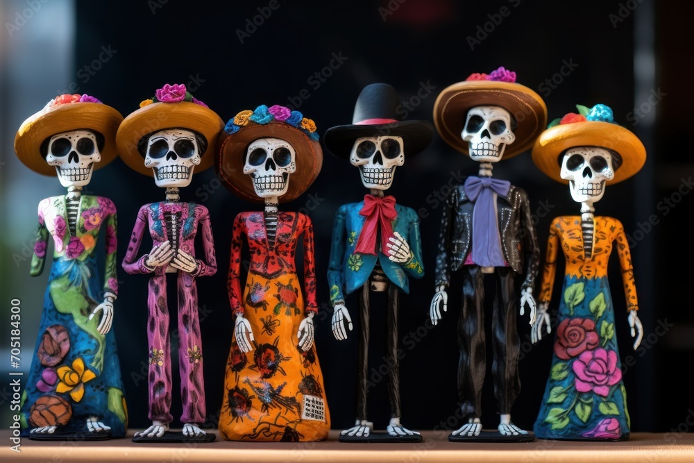 Mexican sugar skulls with sombrero and mariachi hat. Day of the Dead Traditional Mexican Toys. Day of the dead, Dia de los Muertos, Mexico. Mexican traditional holiday  Día de los Muertos - Day of the