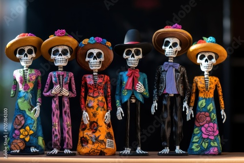 Mexican sugar skulls with sombrero and mariachi hat. Day of the Dead Traditional Mexican Toys. Day of the dead, Dia de los Muertos, Mexico. Mexican traditional holiday Día de los Muertos - Day of the