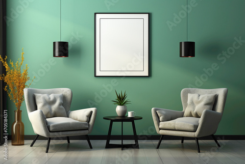 Picture a stylish arrangement featuring two chairs in soothing green and charcoal grey tones, elegantly placed against a blank wall.  © Danish