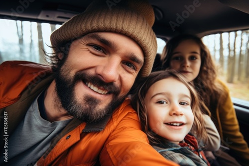 Happy young family taking a selfie in the car