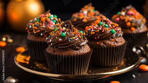 Festive Halloween pumpkin cupcakes with chocolate