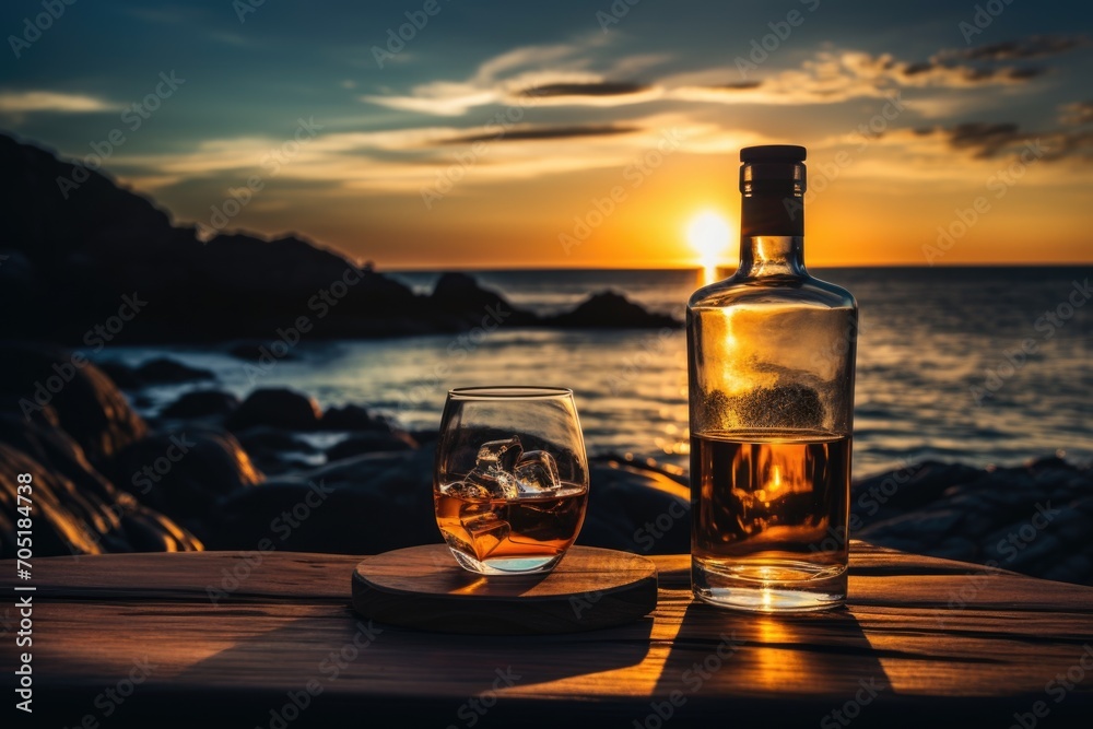 Glass and whiskey bottle on wooden table next to sunset Glass and whiskey bottle on wooden table next to sunset