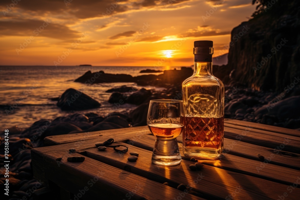 Glass and whiskey bottle on wooden table next to sunset Glass and whiskey bottle on wooden table next to sunset