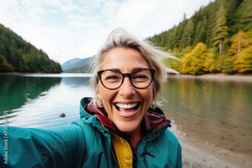 Smiling middle aged woman taking selfie lakeside photo