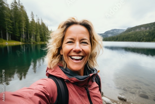 Smiling middle aged woman taking selfie lakeside © Vorda Berge