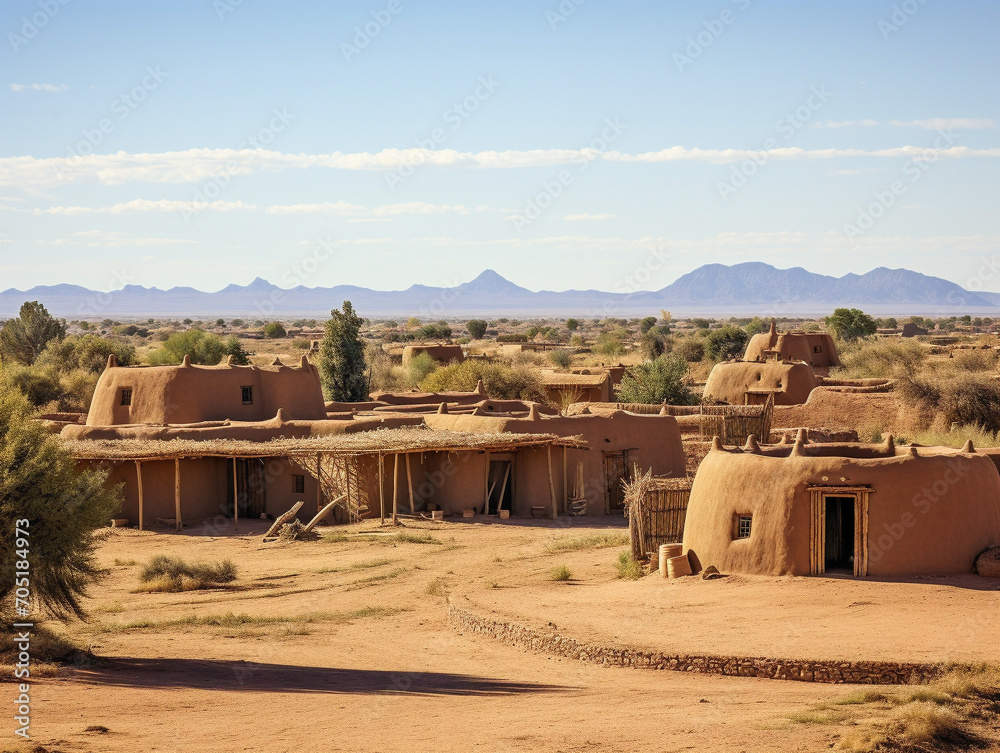 A scenic view of traditional adobe houses surrounded by a vast desert landscape.