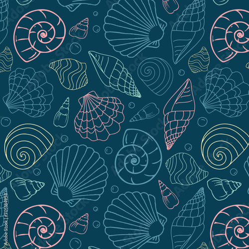 Hand-Drawn Sea Shells, Fossils, Starfish, Corals, Seaweeds, Waves Abstract Vector Seamless Pattern. Summer Beach Seaside Print. Ocean Fashion Textile Background. Seashore Elements Texture 