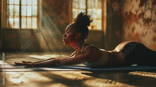 Woman is performing the cobra pose on a yoga mat inside a sunlit room photo