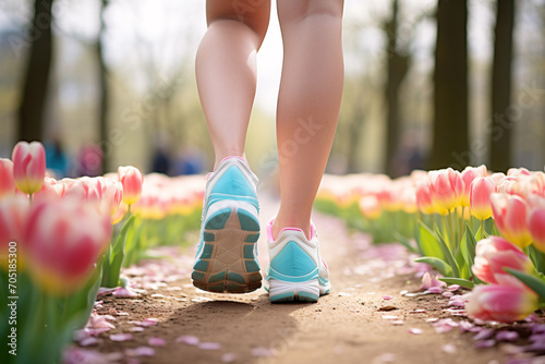 Back view of woman with sport shoes jogging in park with pink tulip spring flowers