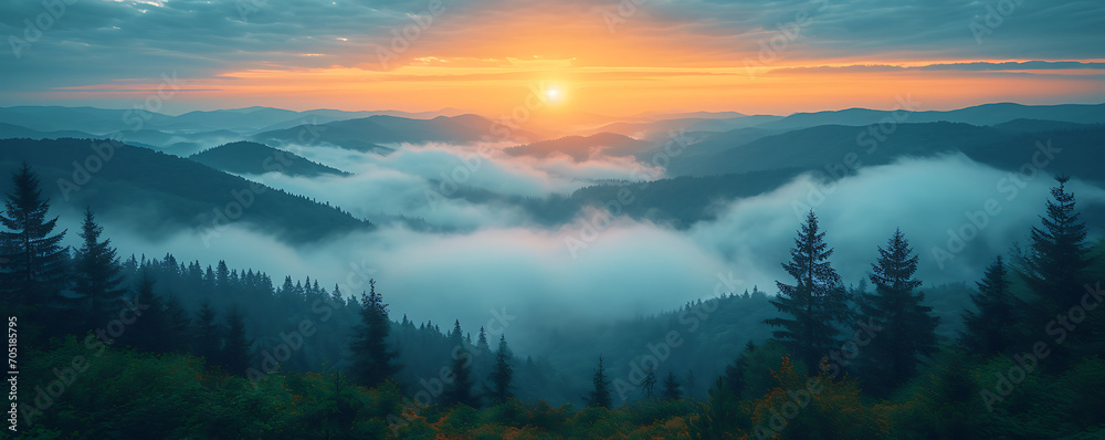 Mystical Sunset Peaks: Mountains in the Fog. Mountain view shrouded in fog at sunset. with Copy Space.