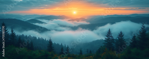 Mystical Sunset Peaks  Mountains in the Fog. Mountain view shrouded in fog at sunset. with Copy Space.