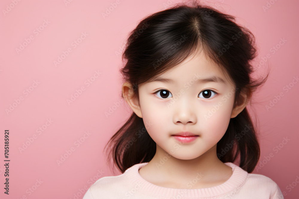 Young Asian female child in front of pink studio background Young Asian female child in front of pink studio background