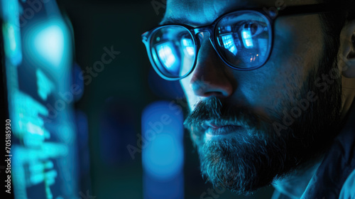 Close-up portrait of a person wearing glasses, with reflections of a computer screen displaying code on the glasses