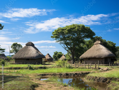 A serene rural scene displaying picturesque traditional thatched-roof houses with a touch of authenticity.