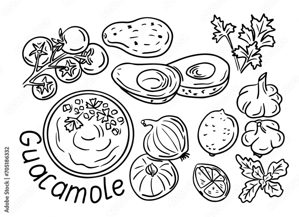Guacamole ingredients doodle set. Food collection