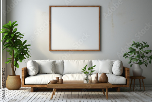Picture the possibilities in a simple living room setting. See a blank  empty frame awaiting your personal touch as it enhances the serene ambiance of a minimalist interior.