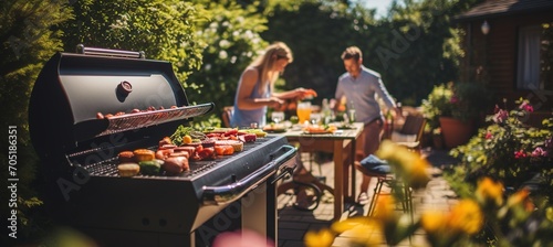 Couple grilling in their backyard photo
