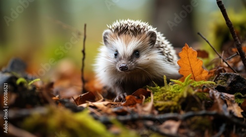 Watchful hedgehogs between autumn leaves