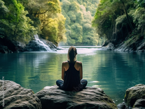 A serene moment of meditation near a calm flowing river, captured in v52 style photography. © Szalai