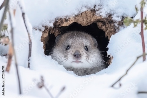 Curious hamster looks out from snow hiding place
