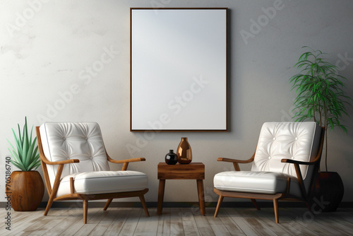Showcase elegance with two simple chairs and a table against a solid wall, complemented by a blank empty white frame for your custom text or branding.