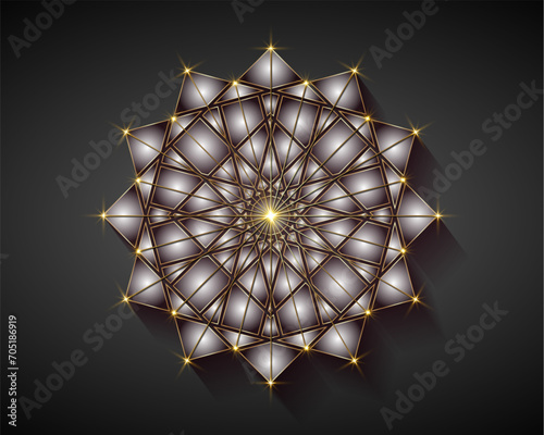Mystical flower motifs, used in the Ottoman and Arabic periods. Sacred geometry, gold luxury star mandala, vector illustration. Twelve sided geometric, Arab jewel concept isolated on black background