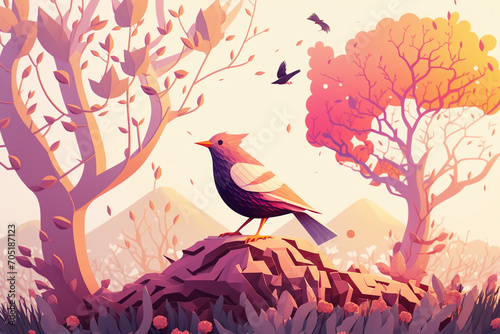 illustration of spring country with bird.