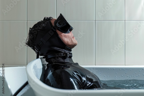 Mann sitzt mit Taucheranzug und Tauchermaske in einer Badewanne photo