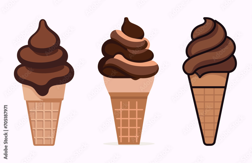 Set of Chocolate Ice Cream flat illustration, Waffle Cone ice cream vector art outline
